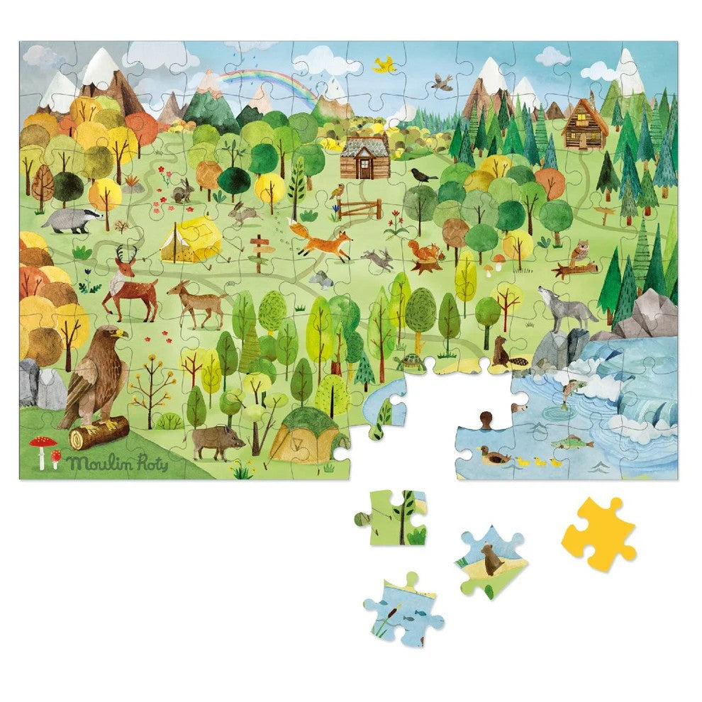 Moulin Roty Garden Party Puzzle - (96 pcs) with Magnifying Glass-Happy Forest